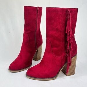 Soda Vibrant Red Fringe Suede Heeled Tall Boots